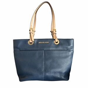 Michael Kors Dark Blue Pebbled Leather with Tan Straps Shoulder Bag Tote